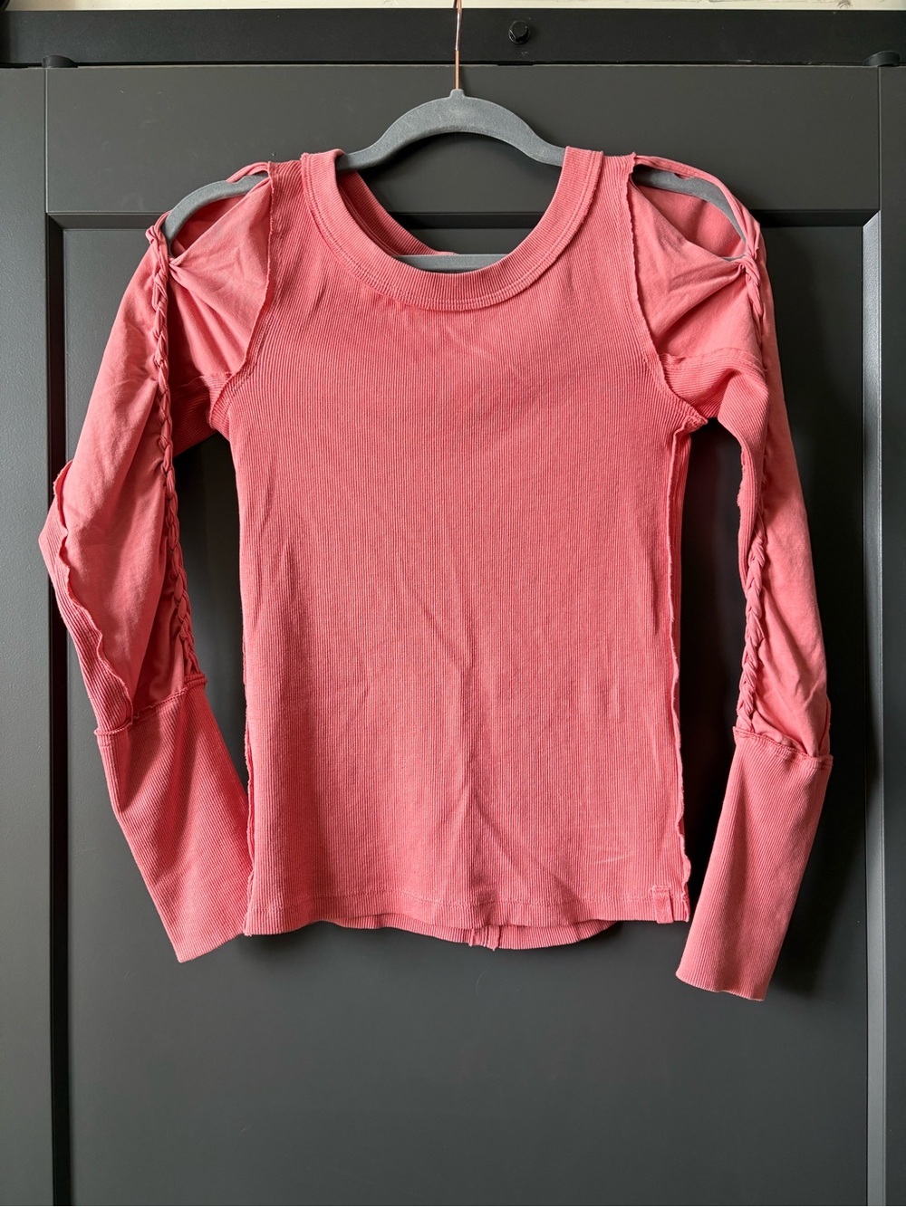 We The Free Long Sleeve Cold-Shoulder Top in Coral With Sleeve Braiding Detail